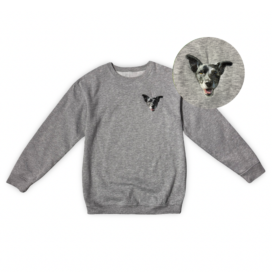 Gray sweatshirt with a dog's face printed on it, inset with a close-up of the dog's face.