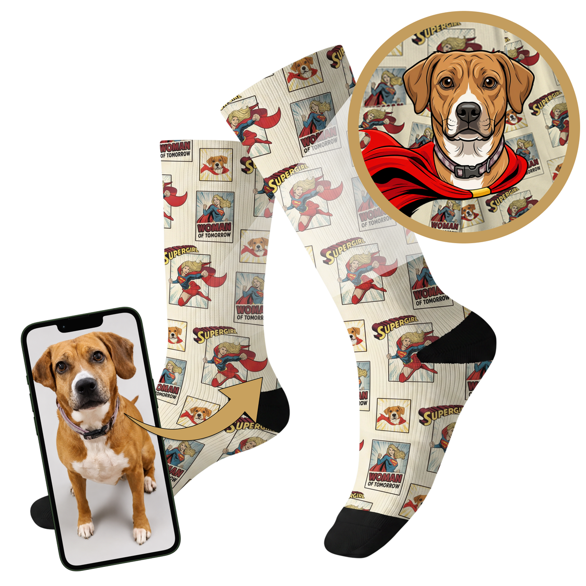 Dog-themed socks with supergirl design and a close-up of a dog wearing a red cape.