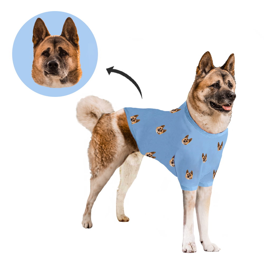 A custom dog pajama with a printed pattern, featuring a dog in a blue color scheme.
