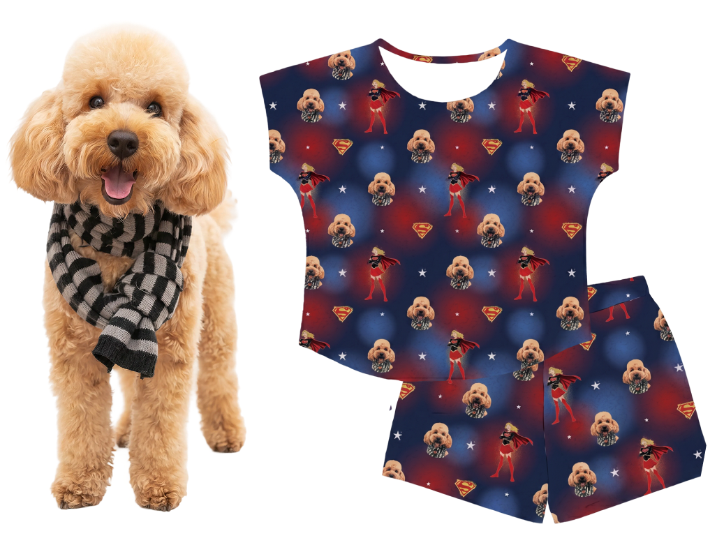 Dog-themed superhero pajama with Supergirl design