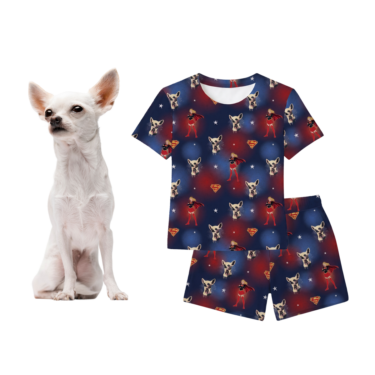 Pajamas with superhero and dog pattern on a white background