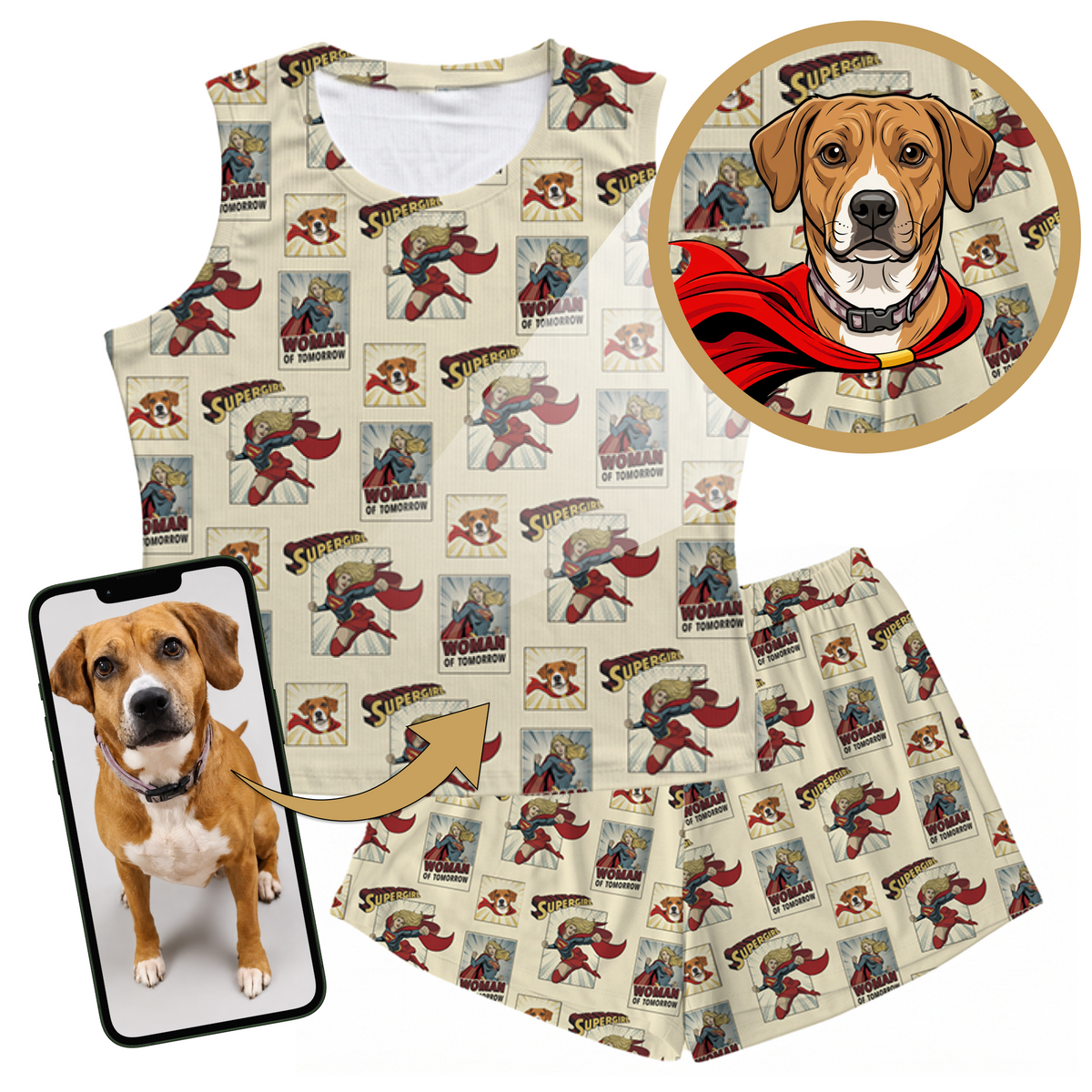 Superhero-themed dog outfit with matching sleeveless shirt and shorts, featuring a dog wearing a superhero costume.