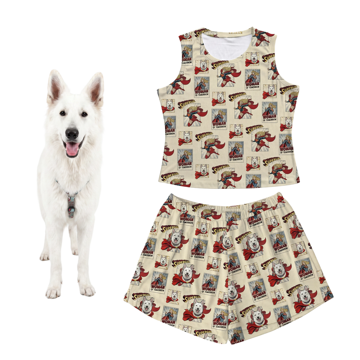 Dog with a matching superhero-themed tank top and shorts set on a white background