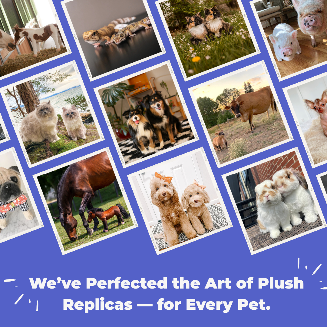 A collage of real pets and their Original Plush Cuddle Clone replicas—dogs, cats, pigs, and horses—with the text: “We’ve Perfected the Art of Original Plush Cuddle Clones—for Every Pet.”.