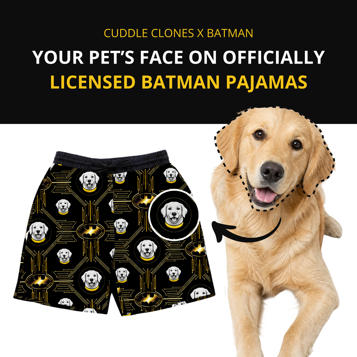 Batman-themed pajamas with a dog's face on a black background