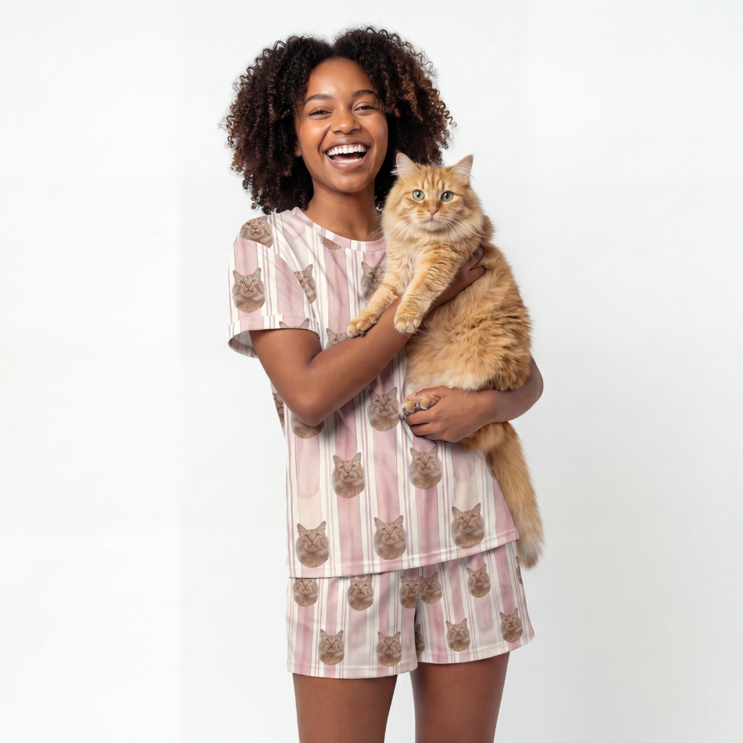 Person wearing a cat-themed pajama set holding a cat on a white background[TerracottaStripes]