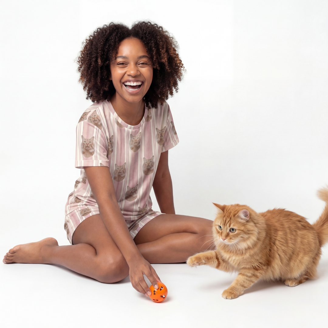 Woman sitting on the floor with a cat and a toy on a white background