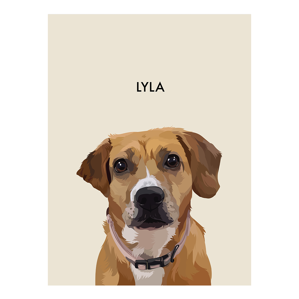 No framed 'Lyla' dog portrait on a beige 12x16 canvas background.