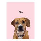 No framed 'Lyla' dog portrait on a pink 12x16 canvas background.