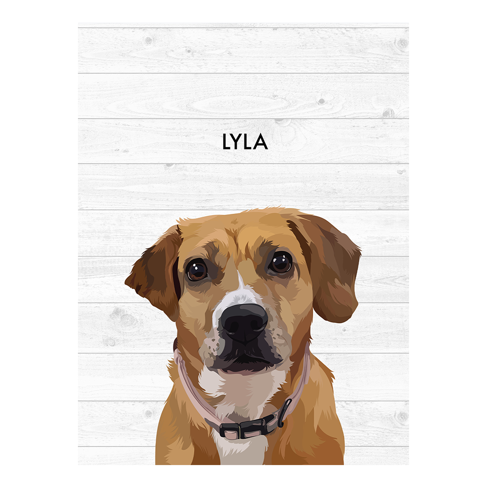 No framed 'Lyla' dog portrait on a white wood 12x16 canvas background.
