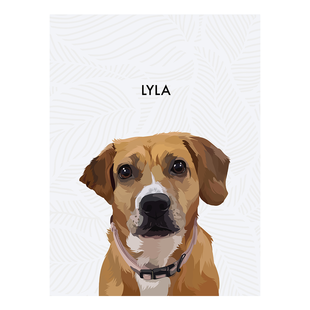 No framed 'Lyla' dog portrait on a black 12x16 canvas with gray leaves background.