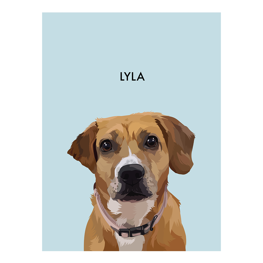 No framed 'Lyla' dog portrait on a blue 12x16 canvas background.