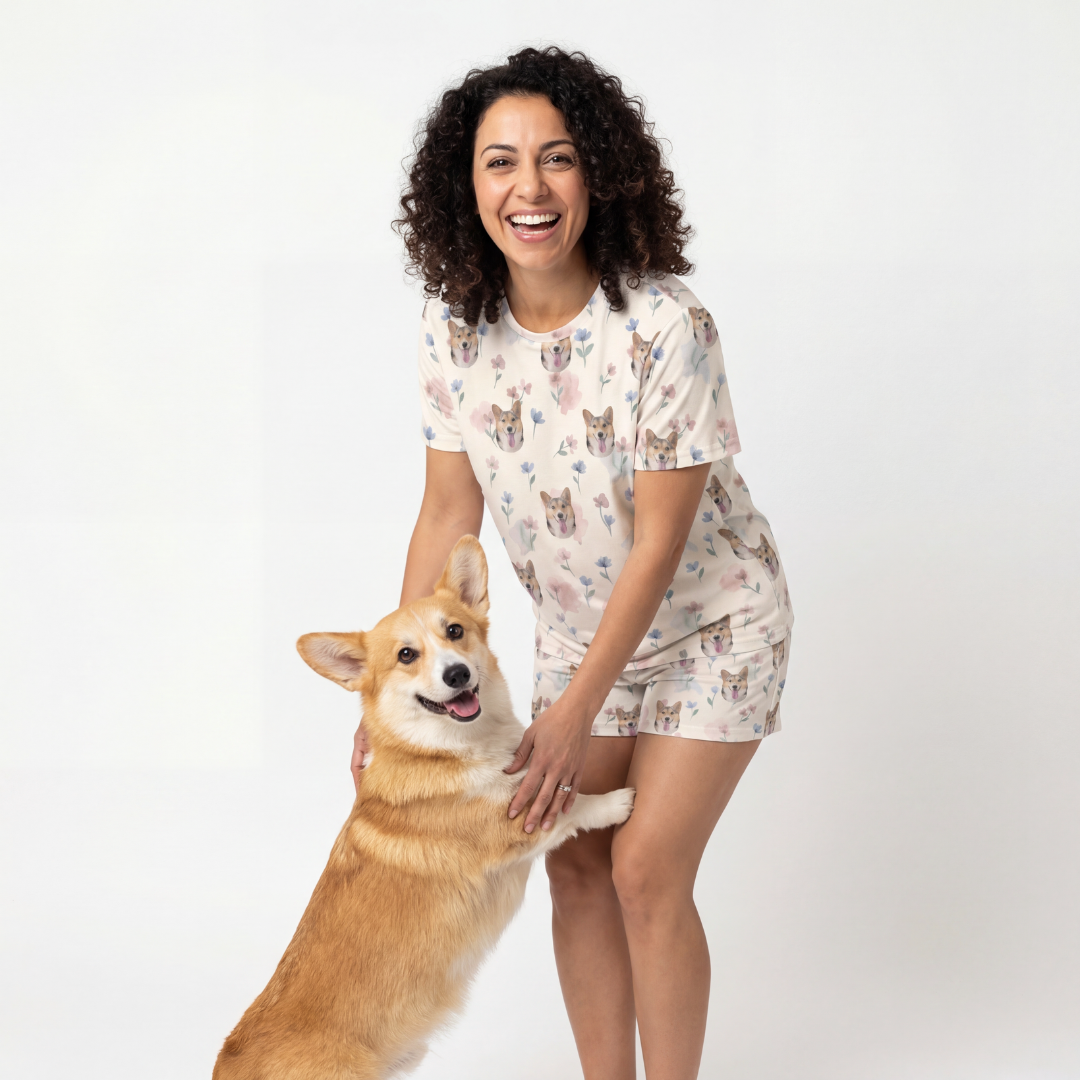 Woman wearing a pajama set with a dog on a white background[PastelMeadows]