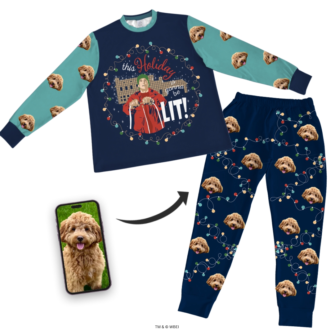 Navy blue pajama set with dog pattern and "This Holiday season we're all LIT!" design, accompanied by a phone with a dog's photo.