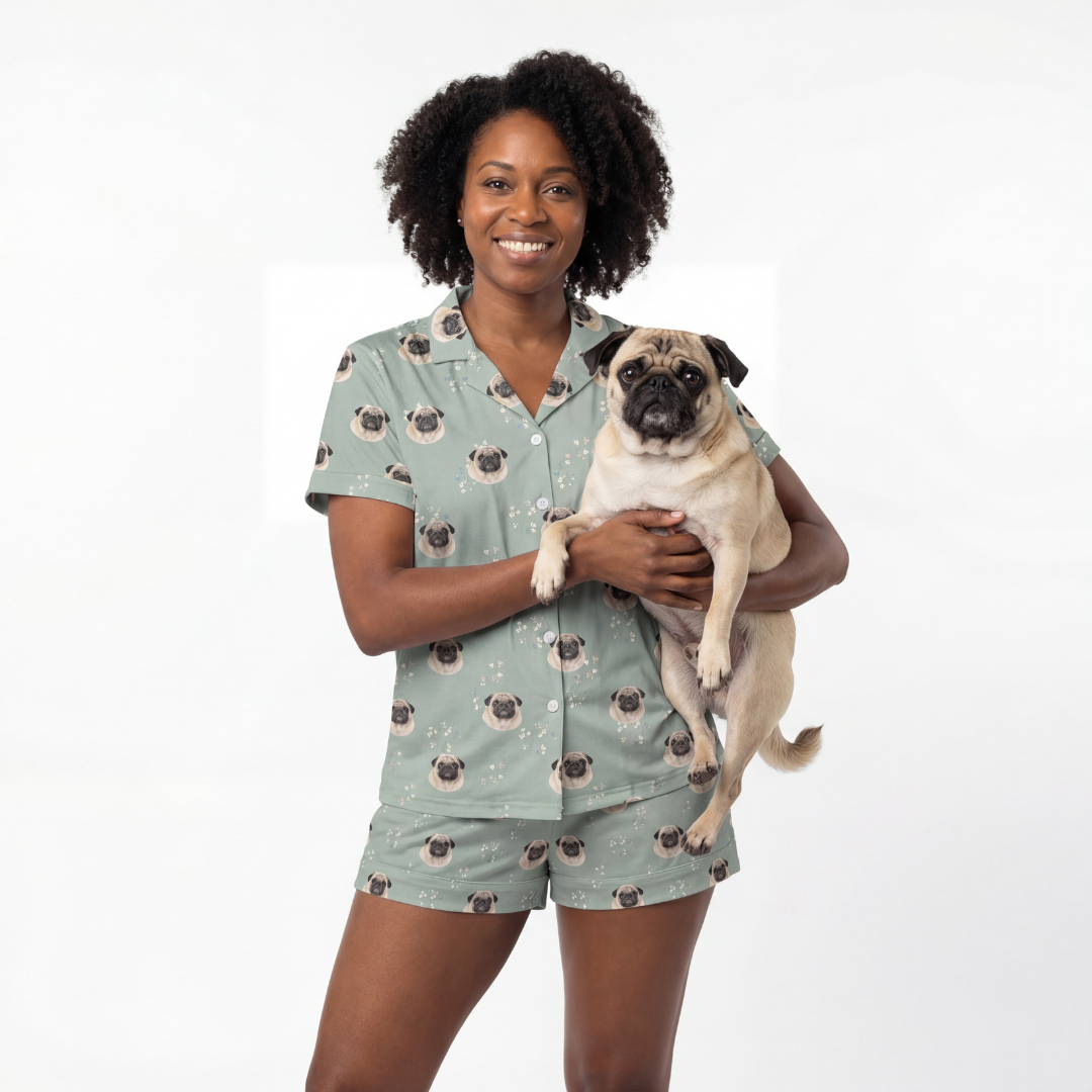 Woman wearing a pug-themed hort button down pajama set holding a pug on a white background