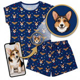 Pajama set with Wonder Woman and dog pattern, including t-shirt and shorts, with a close-up of a dog's face.