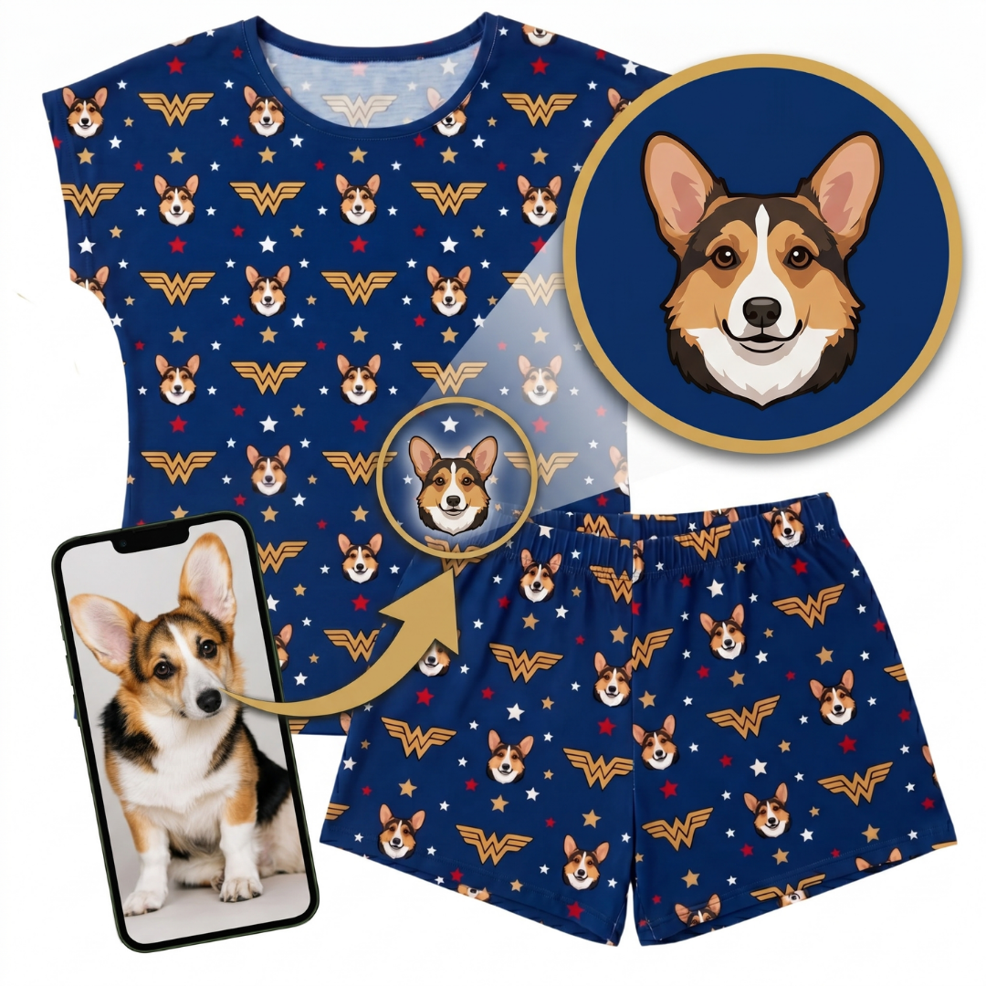 Pajama set with Wonder Woman and dog pattern, including t-shirt and shorts, with a close-up of a dog's face.