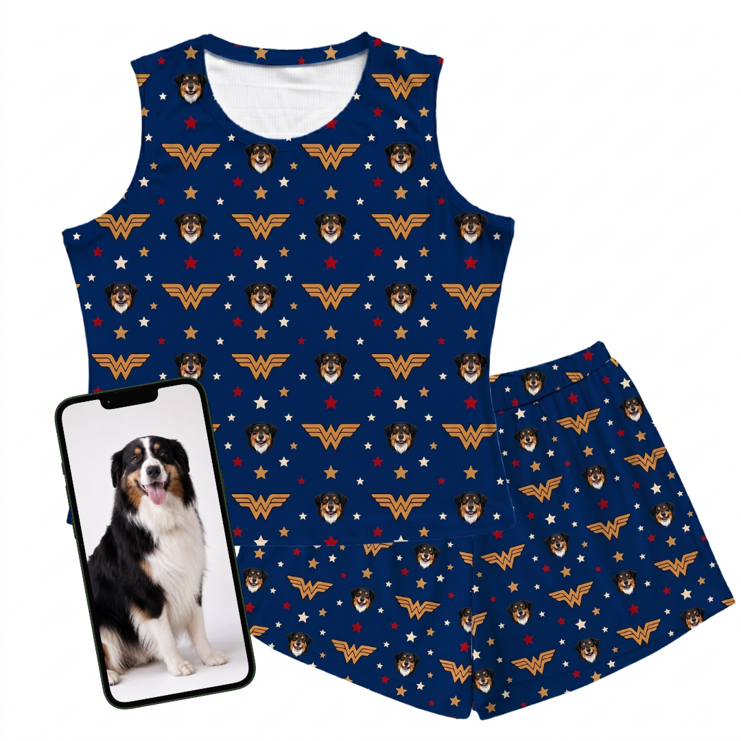 Blue tank top and shorts set with Wonder Woman logo and dog pattern, displayed with a phone showing a dog photo.