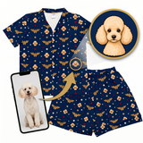 Navy blue pajama set with Wonder Woman and dog pattern, including shorts and shirt, with inset of a dog.