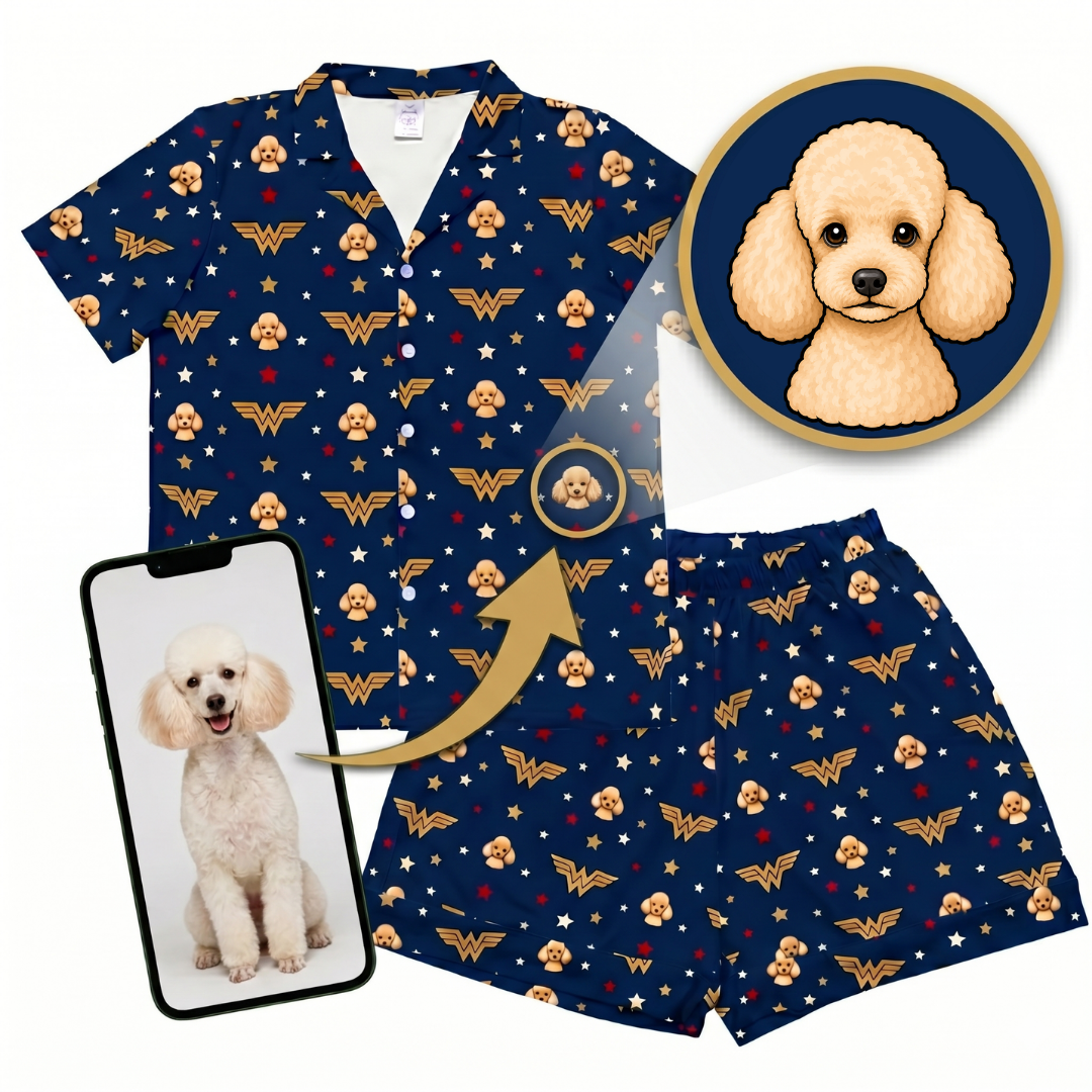 Navy blue pajama set with Wonder Woman and dog pattern, including shorts and shirt, with inset of a dog.