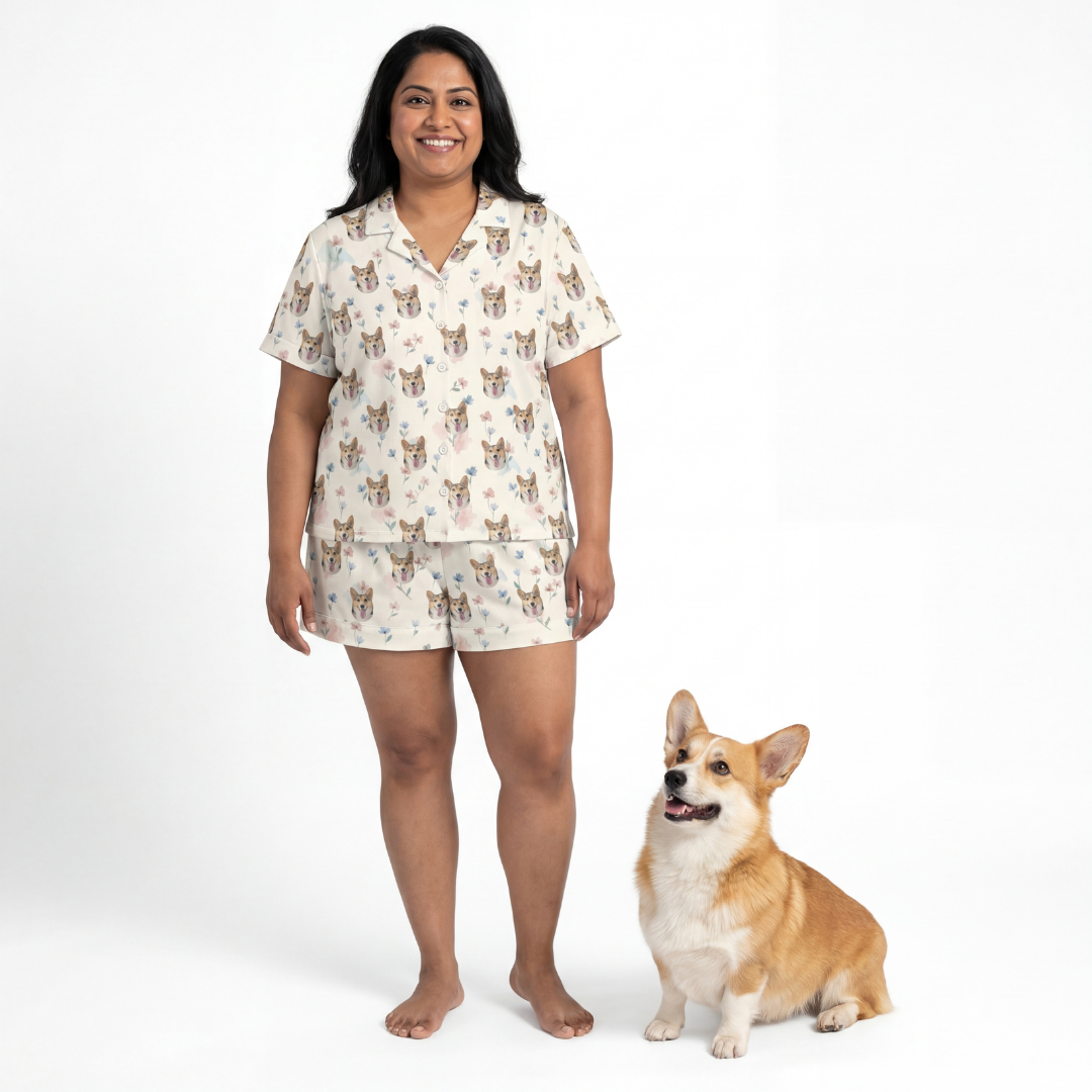 Woman wearing a short button down pajama set with dog pattern standing next to a corgi on a white background[PastelMeadows]