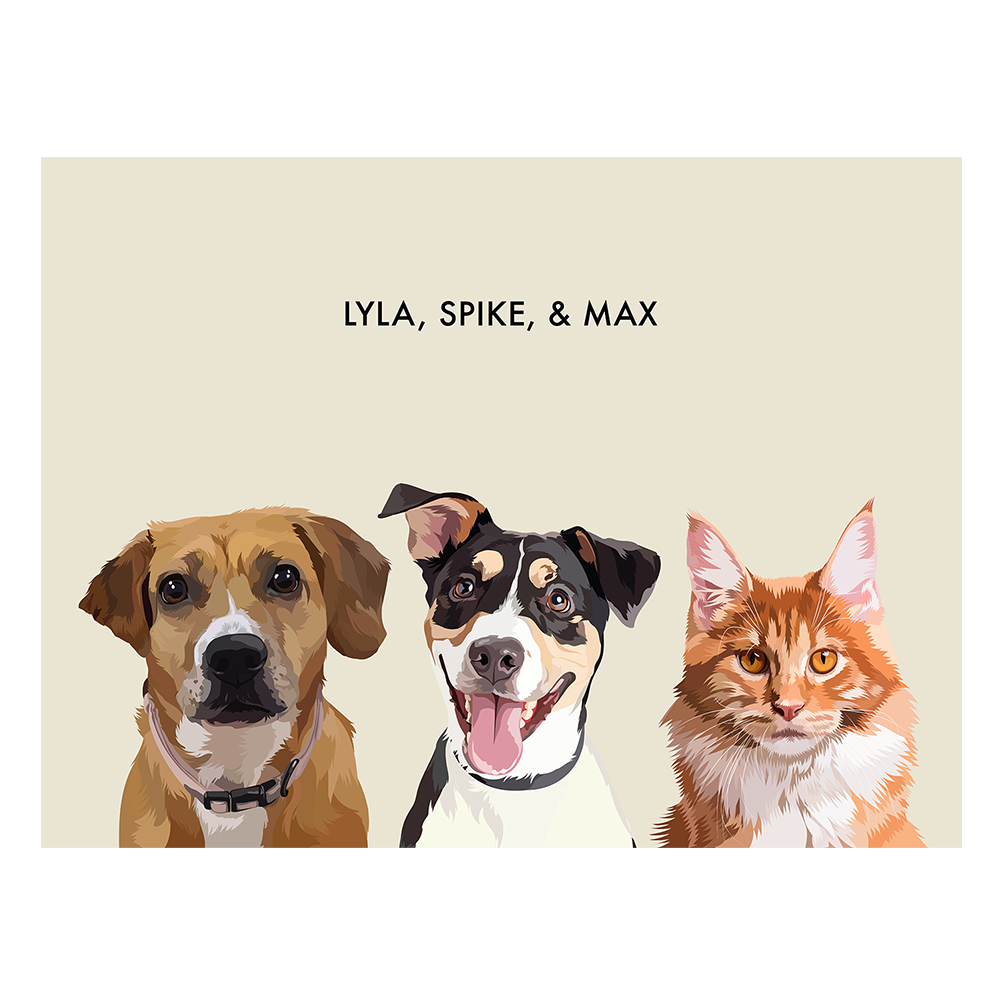 Portrait with three dogs, with no frame and beige background. 18x24 canvas.