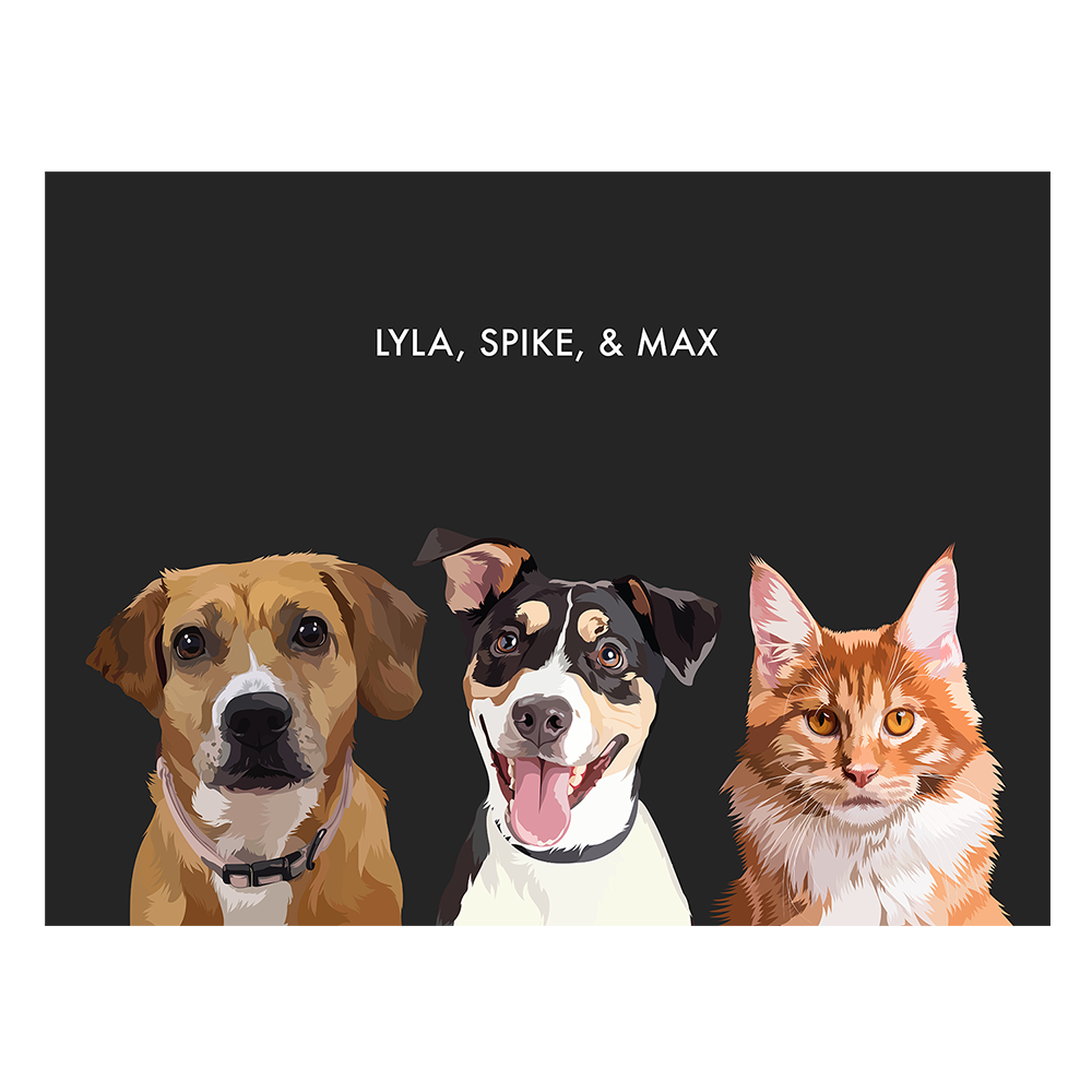 Portrait with three dogs, with no frame and black background. 18x24 canvas.