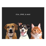 Portrait with three dogs, with no frame and black background. 18x24 canvas.