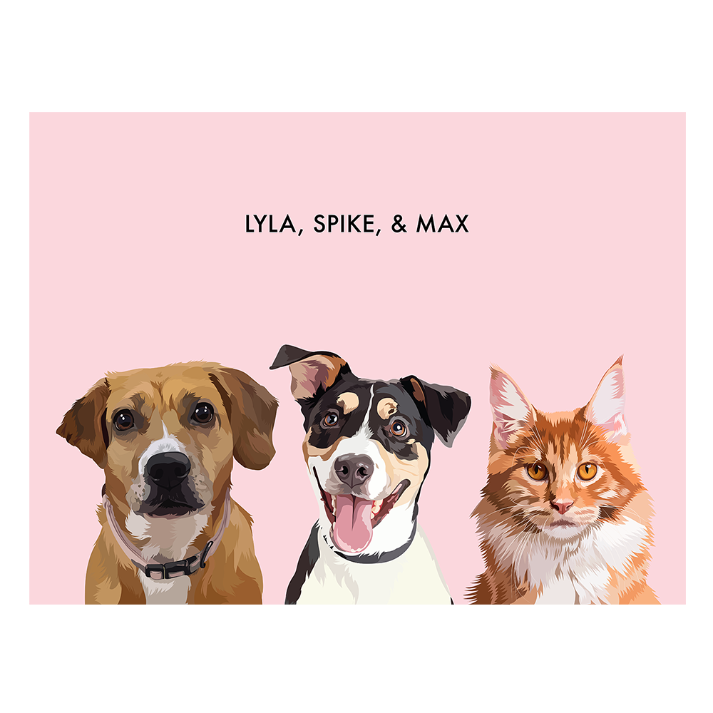 Portrait with three dogs, with no frame and pink background. 18x24 canvas.