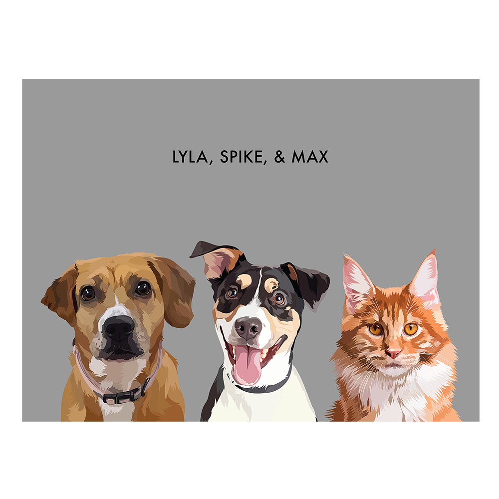 Portrait with three dogs, with no frame and gray background. 18x24 canvas.