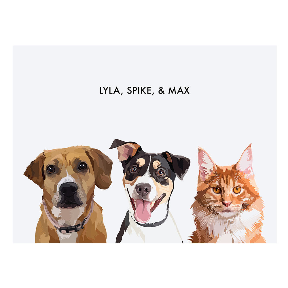 Portrait with three dogs, with no frame and white background. 18x24 canvas.