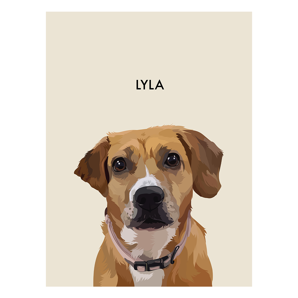 No framed 'Lyla' dog portrait on a beige 18x24 canvas background.