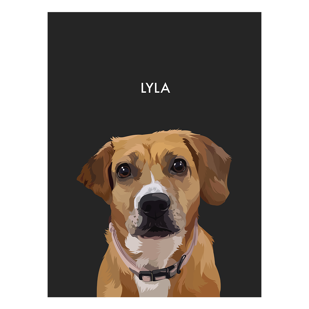 No framed 'Lyla' dog portrait on a black 18x24 canvas background.