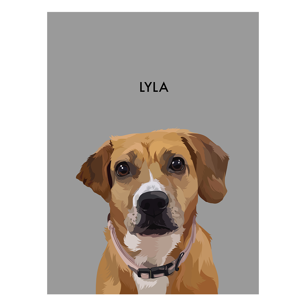 No framed 'Lyla' dog portrait on a gray 18x24 canvas background.