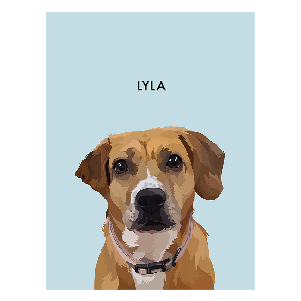 No framed 'Lyla' dog portrait on a blue 18x24 canvas background.