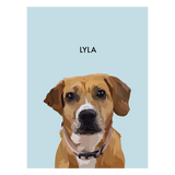 No framed 'Lyla' dog portrait on a blue 18x24 canvas background.