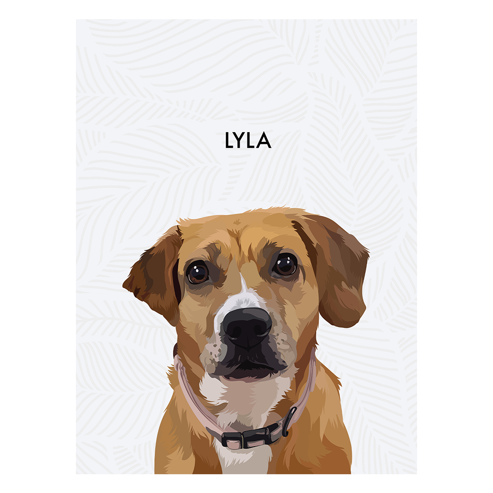 No framed 'Lyla' dog portrait on a black 18x24 canvas with gray leaves background.