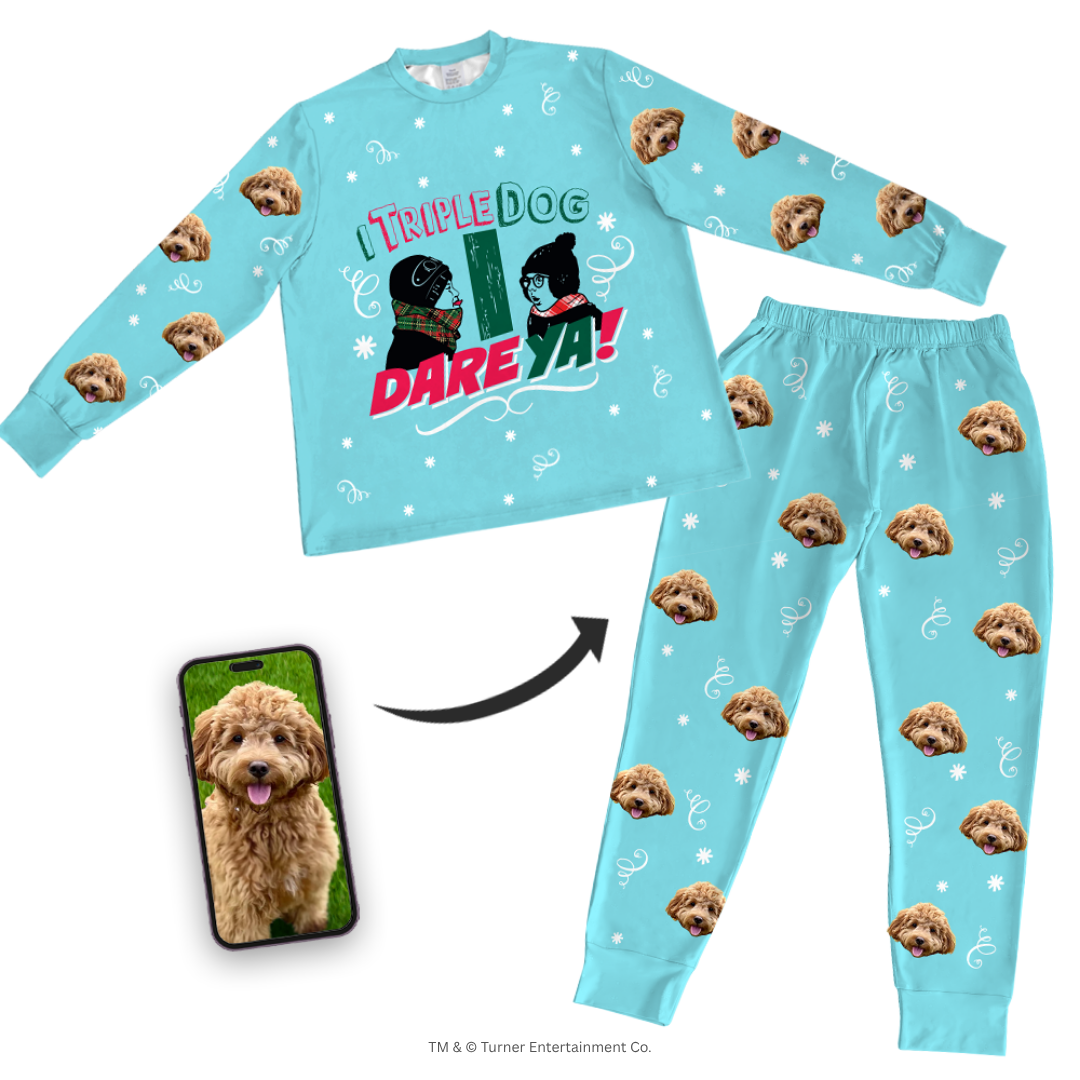 Light blue pajama set with dog pattern and 'Triple Dog Dare Ya!' text, featuring a phone with a dog photo on a white background.