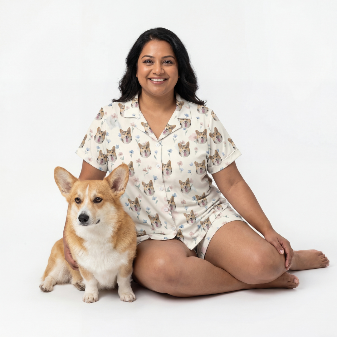 Woman wearing short button down pajama set with dog pattern sitting next to a corgi on a white background