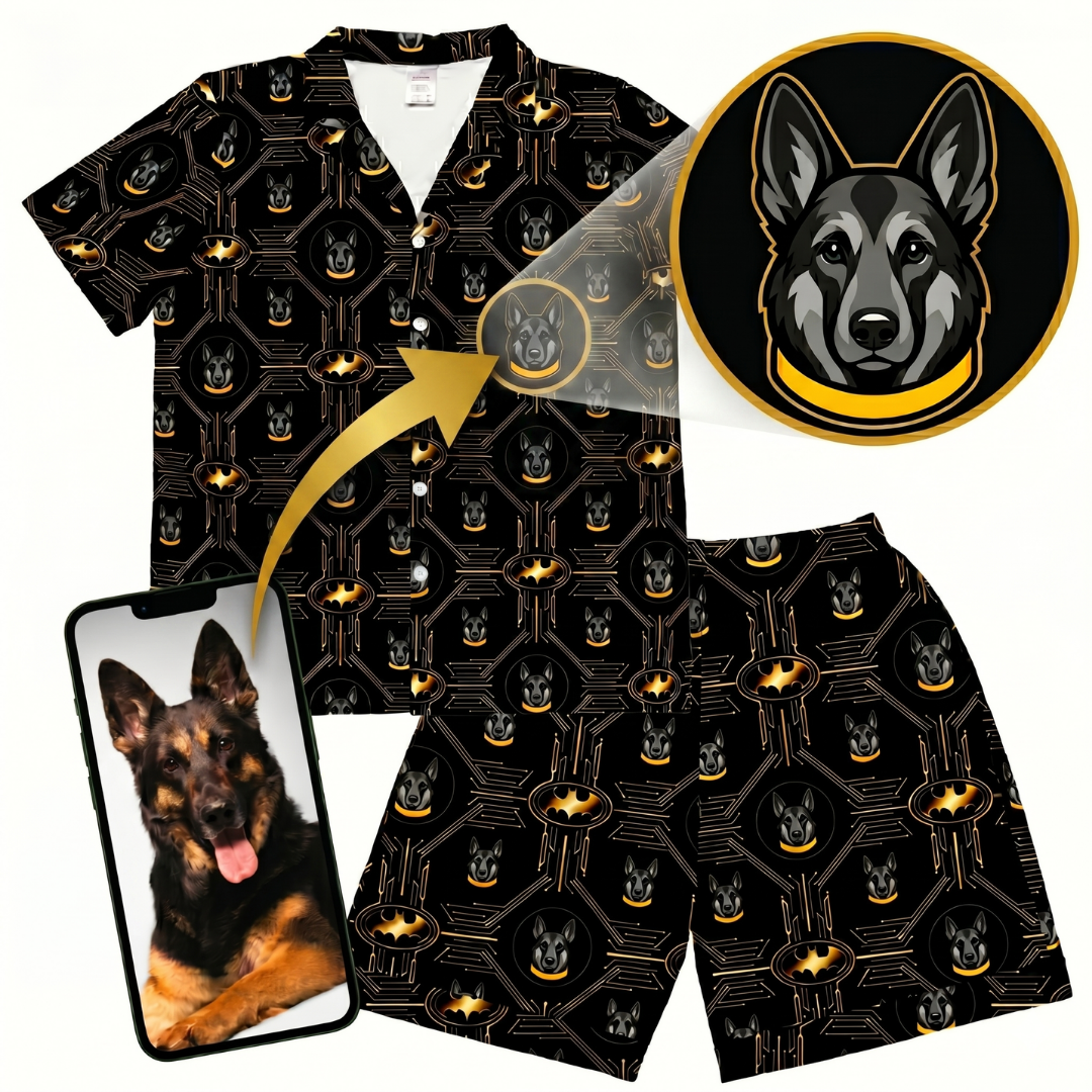 Black and gold patterned shirt and shorts set with dog illustration, phone case, and close-up of dog's face.