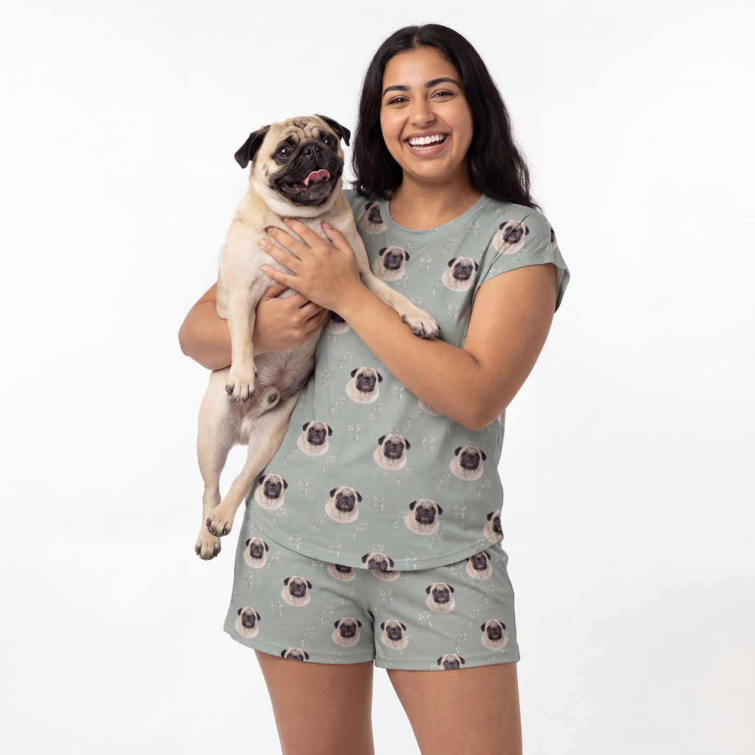 Woman wearing a pug-patterned pajama set holding a pug on a white background[VintageBloom]