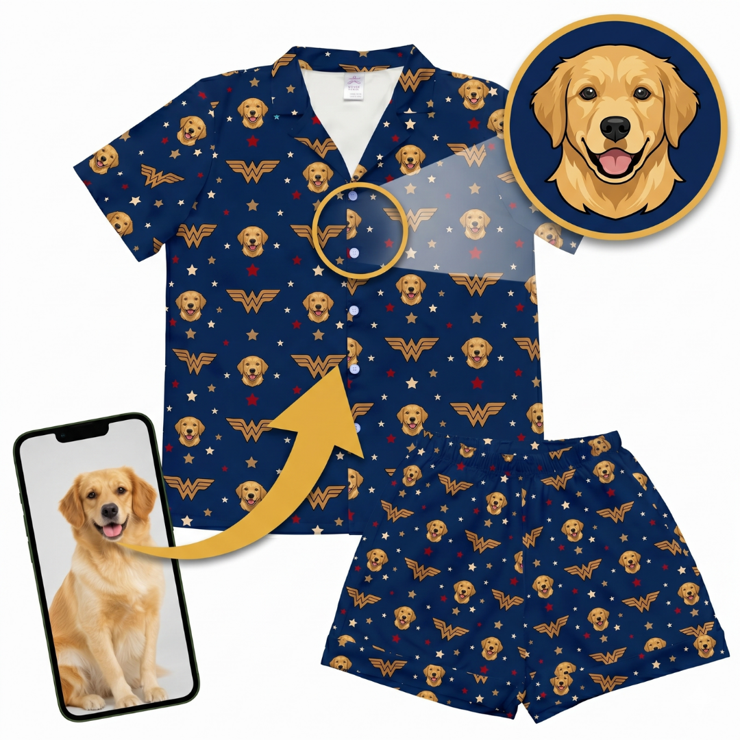 Navy blue pajama set with dog pattern and Wonder Woman logo, including a phone and inset of a dog.