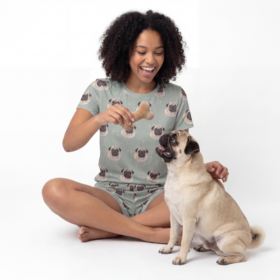 Woman wearing a pug-patterned pajama outfit sitting with a pug on a white background