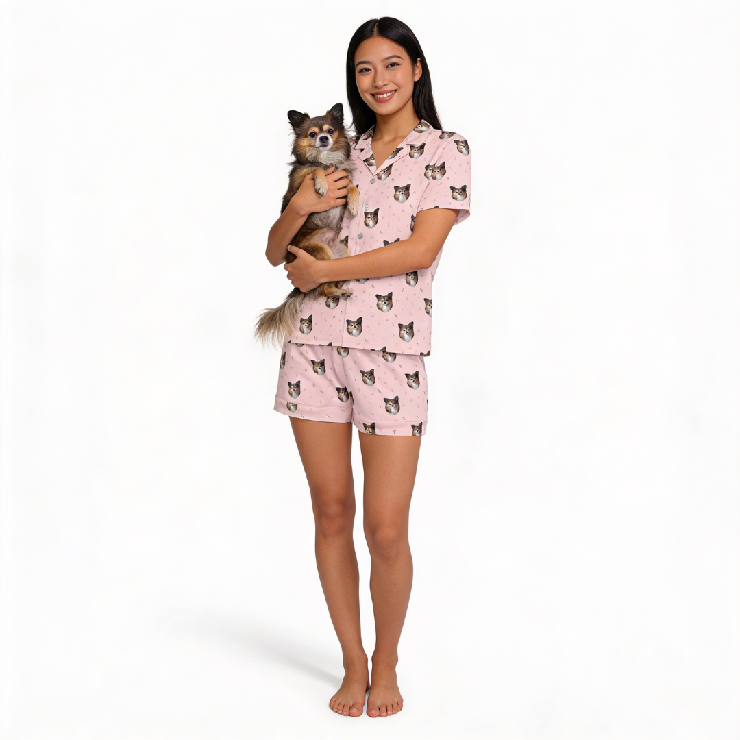 Woman wearing pink short button down pajama set with dog print, holding a small dog, on a white background[BlushBlossoms]