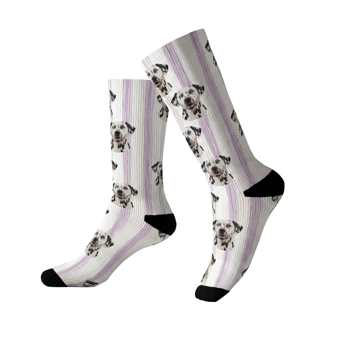 High socks with dog pattern on a white background[LilacStripes]