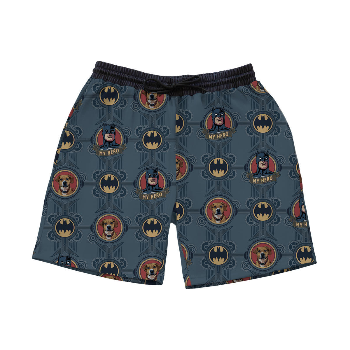 Shorts with Batman logo and 'My Hero' text on a blue background[DarkKnightSweatshorts]
