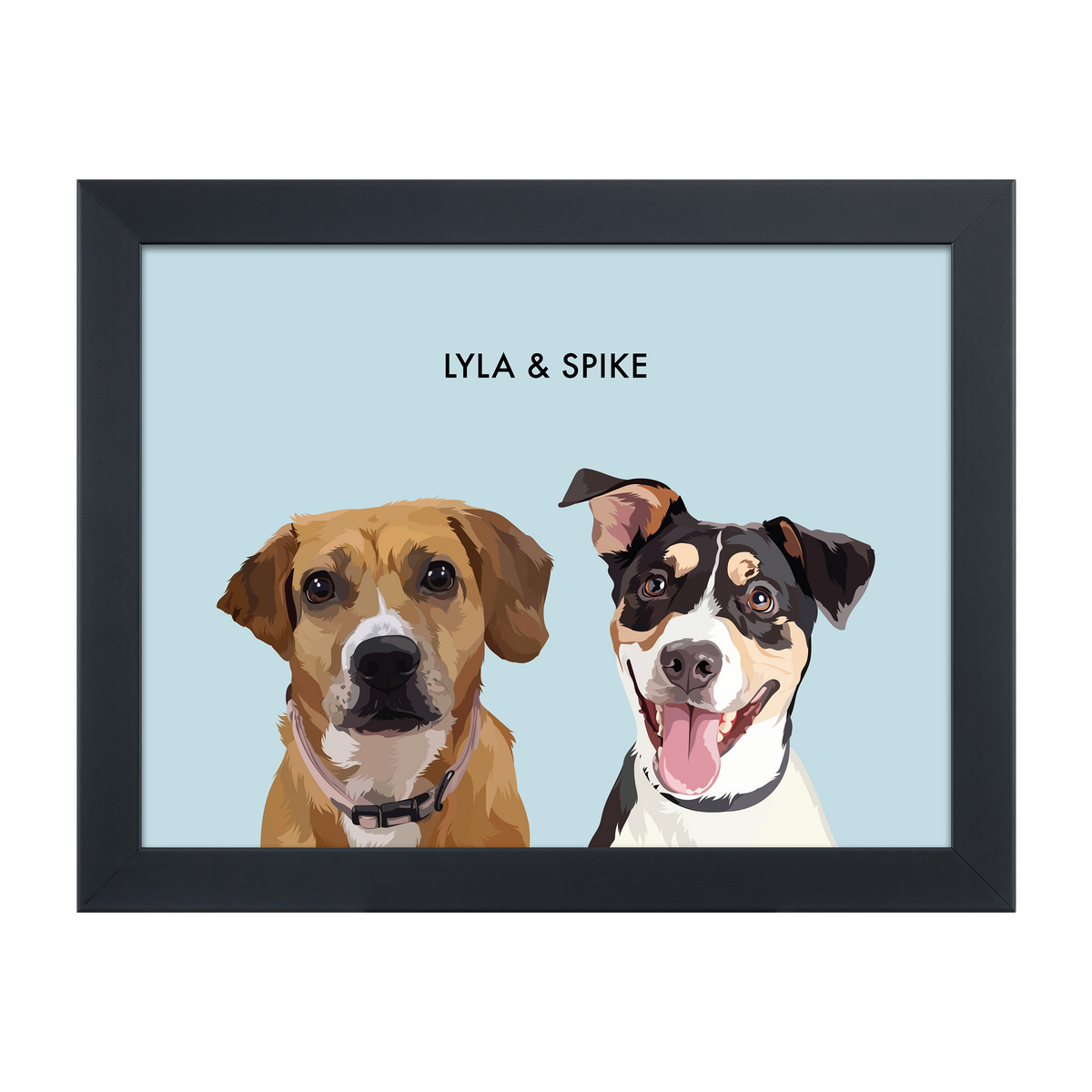 A custom illustrated memorial portrait of two pets, displayed in a black frame with the names Lyla & Spike. IceBlue12"x16"GalleryPaperFrameBlack