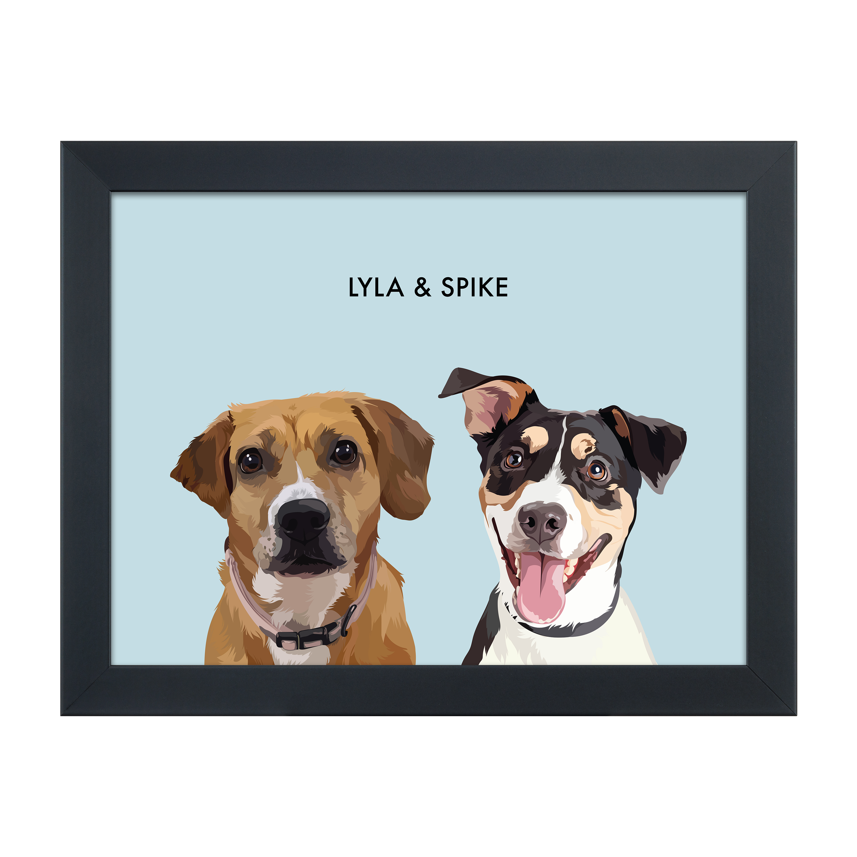 A custom illustrated memorial portrait of two pets, displayed in a black frame with the names Lyla & Spike. IceBlue12"x16"GalleryPaperFrameBlack