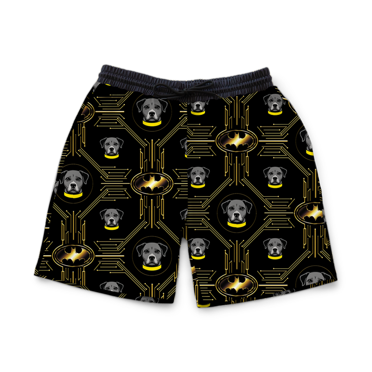 Black shorts with Batman logo and dog pattern on a white background[IconicBatmanSweatshorts]