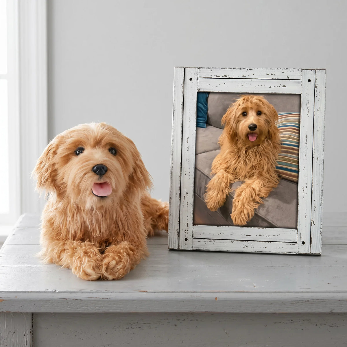 Apricot doodle memorial plush lying on a table beside a framed photo of the same dog